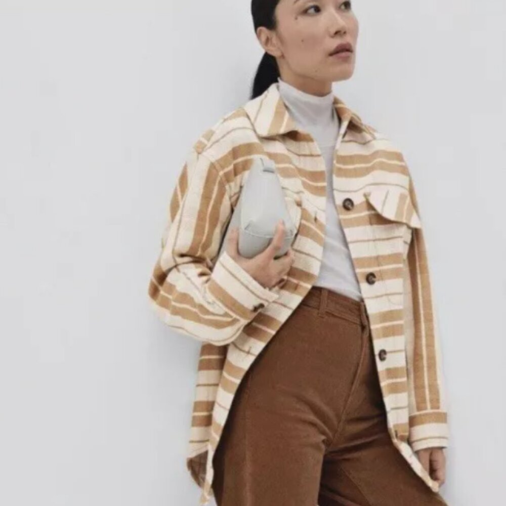 Everlane The Oversized Shirt Jacket White Tan Plaid Size Small